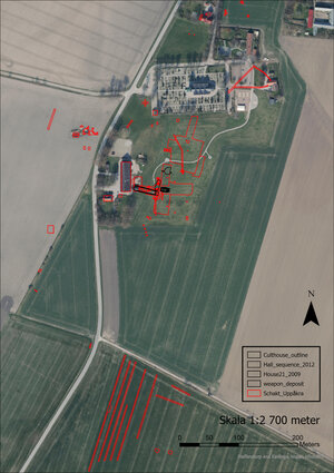 Flygfoto över Uppåkra med alla utgrävningsplatser inritade